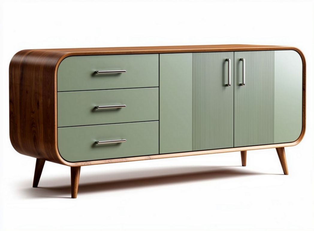 Mid-century modern sideboard in green and wood finish with three drawers and double cabinet doors measuring 150 x 40 x 80cm