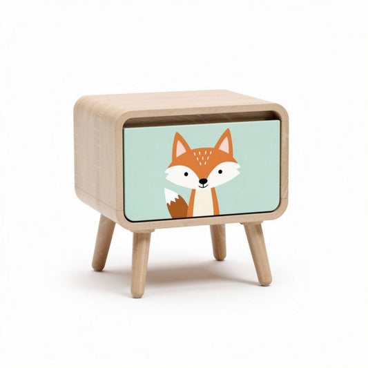 Wooden nightstand with fox design drawer in light brown finish 45 x 30 x 40cm