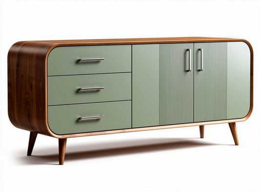 Mid-century modern sideboard in green and wood finish with three drawers and double cabinet doors measuring 150 x 40 x 80cm