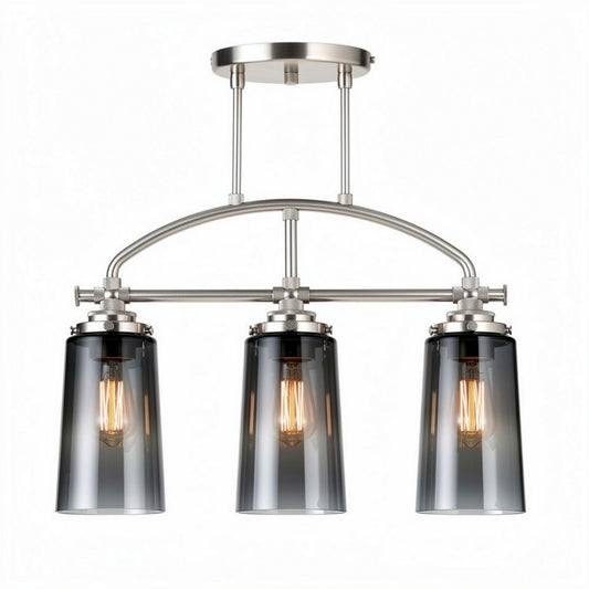 Three-light industrial chandelier with glass shades and brushed nickel finish 30 x 75 x 20cm