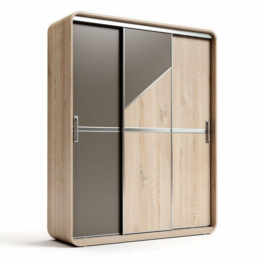 Sliding door wardrobe with wood finish and glass accents 150 x 100 x 50cm