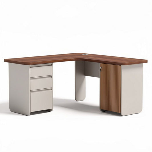 L-shaped office desk with drawers and wooden top in light gray color